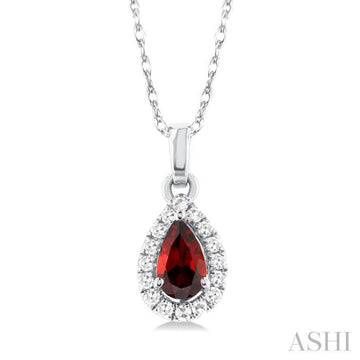 5x3 MM Pear Shape Garnet and 1/20 Ctw Single Cut Diamond Halo Semi-Precious Pendant with Chain in 10K White Gold